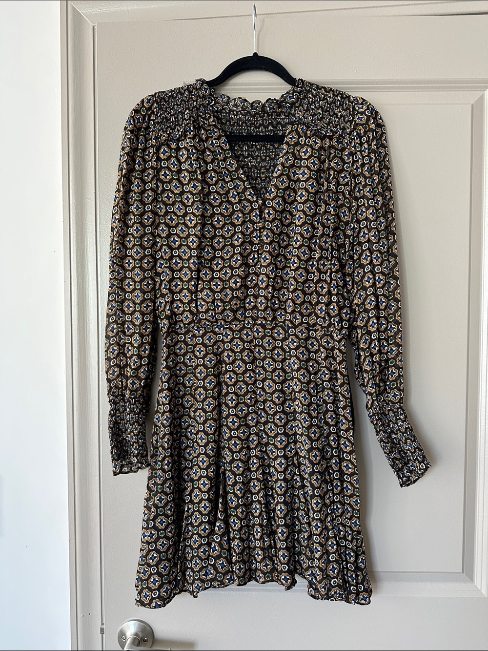 Veronica Beard Smocked V-Neck Long Sleeve Floral-Print Dress in Brown